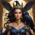 A regal queen of an uncharted land, with hair as dark as the raven's wing and eyes that hold the wisdom of the ages, her attire a tapestry of the earth's rich palette, surrounded by creatures of myth and legend., Highly Detailed, Half Body, Gorgeous, Stunning, Elegant by Stanley Artgerm Lau