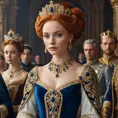 A regal queen with porcelain skin and fiery red locks, adorned in a gown of shimmering gold and sapphire, surrounded by a retinue of loyal courtiers, Highly Detailed, Half Body, Gorgeous, Stunning, Elegant by Stefan Kostic