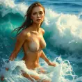 mysterious siren emerging from crashing waves, glistening droplets on her radiant skin, Highly Detailed, Half Body, Gorgeous, Stunning, Elegant by Stanley Artgerm Lau, Stefan Kostic