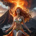 A mythological goddess with flowing, fiery locks and eyes that burn with inner power, standing in front of a roaring volcano, with light and lava swirling around her, Highly Detailed, Half Body, Gorgeous, Stunning, Elegant by Greg Rutkowski