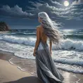 A woman standing on a moonlit beach, with her long, silver hair flowing behind her, as the waves crash against the shore, Highly Detailed, Half Body, Gorgeous, Stunning, Elegant by Greg Rutkowski