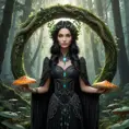 A mystical druid with leaves and vines woven into her raven-black hair, standing amidst a lush, ancient forest, surrounded by a circle of glowing, ethereal mushrooms, Highly Detailed, Half Body, Gorgeous, Stunning, Elegant by Stefan Kostic