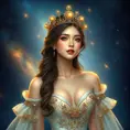 A woman of exquisite elegance, dressed in a gown that mirrors the starlit sky above, with a crown of celestial bodies twinkling upon her head, her presence commanding yet gentle as a whisper on the night wind., Highly Detailed, Half Body, Gorgeous, Stunning, Elegant by Stanley Artgerm Lau