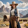 A pioneer woman in the Wild West, standing in front of a covered wagon, with a wide-brimmed hat and a holstered pistol, against a range of sweeping mountains, Highly Detailed, Half Body, Gorgeous, Stunning, Elegant by Greg Rutkowski