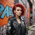 A rebellious punk rock icon with bold, crimson hair and a leather jacket, standing defiantly in front of a graffiti-covered city wall, Highly Detailed, Half Body, Gorgeous, Stunning, Elegant by Stefan Kostic