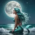 A mystical mermaid with shimmering scales of turquoise and aquamarine, gazing up at a full moon rising over the waves, Highly Detailed, Half Body, Gorgeous, Stunning, Elegant by Stefan Kostic