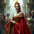 A regal queen with porcelain skin and fiery red locks, adorned in a gown of shimmering gold and sapphire, surrounded by a retinue of loyal courtiers, Highly Detailed, Half Body, Gorgeous, Stunning, Elegant by Stefan Kostic