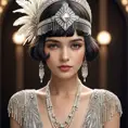 Art Deco flapper with a beaded fringe dress and a diamond-encrusted headpiece, Highly Detailed, Half Body, Gorgeous, Stunning, Elegant by WLOP