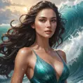 mysterious siren emerging from crashing waves, glistening droplets on her radiant skin, Highly Detailed, Half Body, Gorgeous, Stunning, Elegant by Stanley Artgerm Lau, Stefan Kostic