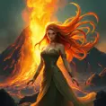 A mythological goddess with flowing, fiery locks and eyes that burn with inner power, standing in front of a roaring volcano, with light and lava swirling around her, Highly Detailed, Half Body, Gorgeous, Stunning, Elegant by Greg Rutkowski