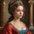 An embodiment of renaissance beauty, painted with colors that blend the Renaissance era's elegance and modern artistry, her expression one of thoughtful contemplation amidst an ornate studio filled with artifacts of the past., Highly Detailed, Half Body, Gorgeous, Stunning, Elegant by Stanley Artgerm Lau