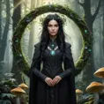 A mystical druid with leaves and vines woven into her raven-black hair, standing amidst a lush, ancient forest, surrounded by a circle of glowing, ethereal mushrooms, Highly Detailed, Half Body, Gorgeous, Stunning, Elegant by Stefan Kostic