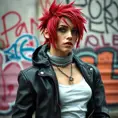 A rebellious punk rock icon with bold, crimson hair and a leather jacket, standing defiantly in front of a graffiti-covered city wall, Highly Detailed, Half Body, Gorgeous, Stunning, Elegant by Stefan Kostic