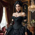 A Victorian-era aristocrat with porcelain skin and raven-black hair, dressed in a corset and bustle, surrounded by opulent furnishings and velvet drapes, Highly Detailed, Half Body, Gorgeous, Stunning, Elegant by Stefan Kostic