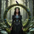 A mystical druid with leaves and vines woven into her raven-black hair, standing amidst a lush, ancient forest, surrounded by a circle of glowing, ethereal mushrooms, Highly Detailed, Half Body, Gorgeous, Stunning, Elegant by Stefan Kostic