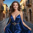 A woman with alabaster skin and deep azure eyes, adorned in a flowing gown of midnight blue silk that shimmers under the caress of a warm Mediterranean sunset, her laughter echoing like music over the cobblestone streets of an ancient city., Highly Detailed, Half Body, Gorgeous, Stunning, Elegant by Stanley Artgerm Lau