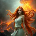 A mythological goddess with flowing, fiery locks and eyes that burn with inner power, standing in front of a roaring volcano, with light and lava swirling around her, Highly Detailed, Half Body, Gorgeous, Stunning, Elegant by Greg Rutkowski