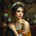 An embodiment of renaissance beauty, painted with colors that blend the Renaissance era's elegance and modern artistry, her expression one of thoughtful contemplation amidst an ornate studio filled with artifacts of the past., Highly Detailed, Half Body, Gorgeous, Stunning, Elegant by Stanley Artgerm Lau