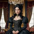 A Victorian-era aristocrat with porcelain skin and raven-black hair, dressed in a corset and bustle, surrounded by opulent furnishings and velvet drapes, Highly Detailed, Half Body, Gorgeous, Stunning, Elegant by Stefan Kostic