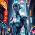 A futuristic cyborg with gleaming silver limbs and a radiant, iridescent aura, set against a backdrop of neon-lit cityscapes, Highly Detailed, Half Body, Gorgeous, Stunning, Elegant by Stefan Kostic