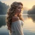 An ethereal beauty, with cascading curls of sunlight-kissed hair, stands at the edge of a serene lake as dawn breaks, her silhouette a blend of soft light and gentle mist, radiating an aura of tranquility and grace., Highly Detailed, Half Body, Gorgeous, Stunning, Elegant by Stanley Artgerm Lau