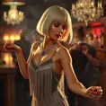 A glamorous, 1920s-style flapper with a bobbed, platinum-blonde haircut and a beaded, fringe dress, dancing the Charleston in a smoke-filled speakeasy, Highly Detailed, Half Body, Gorgeous, Stunning, Elegant by Stefan Kostic