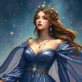 A woman of exquisite elegance, dressed in a gown that mirrors the starlit sky above, with a crown of celestial bodies twinkling upon her head, her presence commanding yet gentle as a whisper on the night wind., Highly Detailed, Half Body, Gorgeous, Stunning, Elegant by Stanley Artgerm Lau