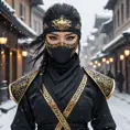 Wallpaper of a mysterious beautiful masked kunoichi ninja wearing eyeliner and gold jewelry in the streets of a dark snowy town in moscow, fluid motion, 8k, Intricate Details, Trending on Artstation, Beautiful, Stunning, Centered by Stanley Artgerm Lau, WLOP