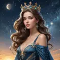 A woman of exquisite elegance, dressed in a gown that mirrors the starlit sky above, with a crown of celestial bodies twinkling upon her head, her presence commanding yet gentle as a whisper on the night wind., Highly Detailed, Half Body, Gorgeous, Stunning, Elegant by Stanley Artgerm Lau