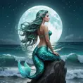 A mystical mermaid with shimmering scales of turquoise and aquamarine, gazing up at a full moon rising over the waves, Highly Detailed, Half Body, Gorgeous, Stunning, Elegant by Stefan Kostic