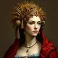 Renaissance-era noblewoman with a intricate golden headdress and a velvet cloak, Highly Detailed, Half Body, Gorgeous, Stunning, Elegant by WLOP