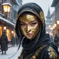 Wallpaper of a mysterious beautiful masked kunoichi ninja wearing eyeliner and gold jewelry in the streets of a dark snowy town in moscow, fluid motion, 8k, Intricate Details, Trending on Artstation, Beautiful, Stunning, Centered by Stanley Artgerm Lau, WLOP