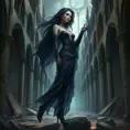 An enchantress standing amidst the ruins of an old, gothic cathedral, her raven hair flowing like a river of midnight ink, her eyes piercing through the shadows cast by the broken spires, a mystical energy emanating from her fingertips., Highly Detailed, Half Body, Gorgeous, Stunning, Elegant by Stanley Artgerm Lau