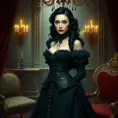 A Victorian-era aristocrat with porcelain skin and raven-black hair, dressed in a corset and bustle, surrounded by opulent furnishings and velvet drapes, Highly Detailed, Half Body, Gorgeous, Stunning, Elegant by Stefan Kostic