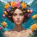 A goddess-like figure emerging from a canvas of vibrant flowers, with skin as radiant as roses and eyes reflecting the depth of the ocean, her hair a crown of intertwined blooms, capturing the essence of spring's bounty., Highly Detailed, Half Body, Gorgeous, Stunning, Elegant by Stanley Artgerm Lau