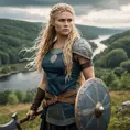 A Viking shieldmaiden with long, wild blonde hair and a fierce battle-axe, standing on the edge of a forest, with a village in the background, Highly Detailed, Half Body, Gorgeous, Stunning, Elegant by Greg Rutkowski