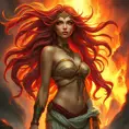 A mythological goddess with flowing, fiery locks and eyes that burn with inner power, standing in front of a roaring volcano, with light and lava swirling around her, Highly Detailed, Half Body, Gorgeous, Stunning, Elegant by Greg Rutkowski