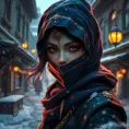 Wallpaper of a mysterious beautiful masked kunoichi ninja wearing eyeliner and gold jewelry in the streets of a dark snowy town in moscow, fluid motion, 8k, Intricate Details, Trending on Artstation, Beautiful, Stunning, Centered by Stanley Artgerm Lau, WLOP