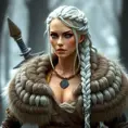 Viking warrior queen with braided silver hair and a fur-lined cloak, Highly Detailed, Half Body, Gorgeous, Stunning, Elegant by WLOP