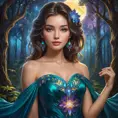 A woman whose beauty transcends time, draped in a gown that reflects the kaleidoscope of colors found in an enchanted forest, her skin glowing with the soft luminescence of moonlight, her eyes holding secrets as old as nature itself., Highly Detailed, Half Body, Gorgeous, Stunning, Elegant by Stanley Artgerm Lau