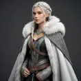 Viking warrior queen with braided silver hair and a fur-lined cloak, Highly Detailed, Half Body, Gorgeous, Stunning, Elegant by WLOP