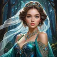 A woman whose beauty transcends time, draped in a gown that reflects the kaleidoscope of colors found in an enchanted forest, her skin glowing with the soft luminescence of moonlight, her eyes holding secrets as old as nature itself., Highly Detailed, Half Body, Gorgeous, Stunning, Elegant by Stanley Artgerm Lau