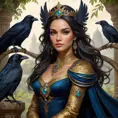 A regal queen of an uncharted land, with hair as dark as the raven's wing and eyes that hold the wisdom of the ages, her attire a tapestry of the earth's rich palette, surrounded by creatures of myth and legend., Highly Detailed, Half Body, Gorgeous, Stunning, Elegant by Stanley Artgerm Lau