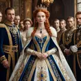 A regal queen with porcelain skin and fiery red locks, adorned in a gown of shimmering gold and sapphire, surrounded by a retinue of loyal courtiers, Highly Detailed, Half Body, Gorgeous, Stunning, Elegant by Stefan Kostic