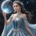 Celestial being with a shimmering aura and a gown made of stardust and moonbeams, Highly Detailed, Half Body, Gorgeous, Stunning, Elegant by WLOP