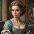 An embodiment of renaissance beauty, painted with colors that blend the Renaissance era's elegance and modern artistry, her expression one of thoughtful contemplation amidst an ornate studio filled with artifacts of the past., Highly Detailed, Half Body, Gorgeous, Stunning, Elegant by Stanley Artgerm Lau