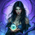 A mystical sorceress with piercing emerald eyes and raven-black hair, standing amidst a swirling vortex of purple mist, Highly Detailed, Half Body, Gorgeous, Stunning, Elegant by Stefan Kostic