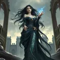 An enchantress standing amidst the ruins of an old, gothic cathedral, her raven hair flowing like a river of midnight ink, her eyes piercing through the shadows cast by the broken spires, a mystical energy emanating from her fingertips., Highly Detailed, Half Body, Gorgeous, Stunning, Elegant by Stanley Artgerm Lau