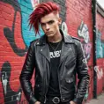 A rebellious punk rock icon with bold, crimson hair and a leather jacket, standing defiantly in front of a graffiti-covered city wall, Highly Detailed, Half Body, Gorgeous, Stunning, Elegant by Stefan Kostic