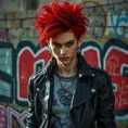 A rebellious punk rock icon with bold, crimson hair and a leather jacket, standing defiantly in front of a graffiti-covered city wall, Highly Detailed, Half Body, Gorgeous, Stunning, Elegant by Stefan Kostic